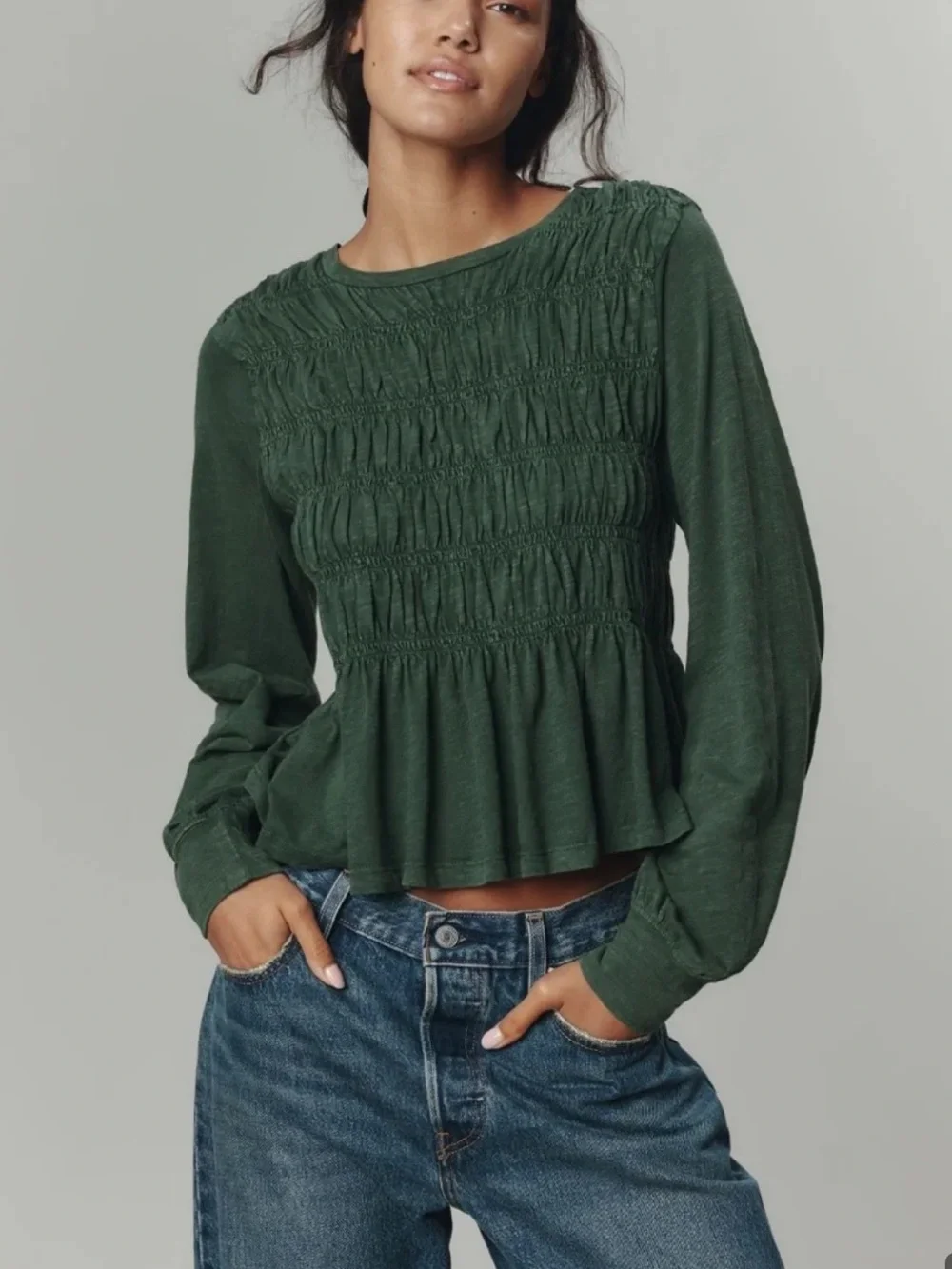 Pilcro | Anthropologie | Green Smocked Peplum Blouson Sleeve Blouse